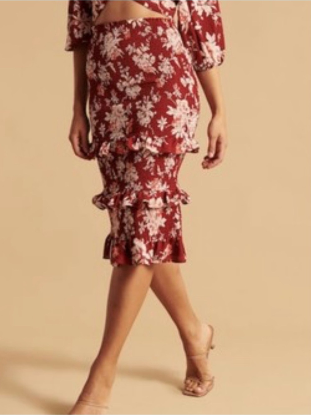 Abercrombie & Fitch Red Floral smocked Tiered midi Skirt